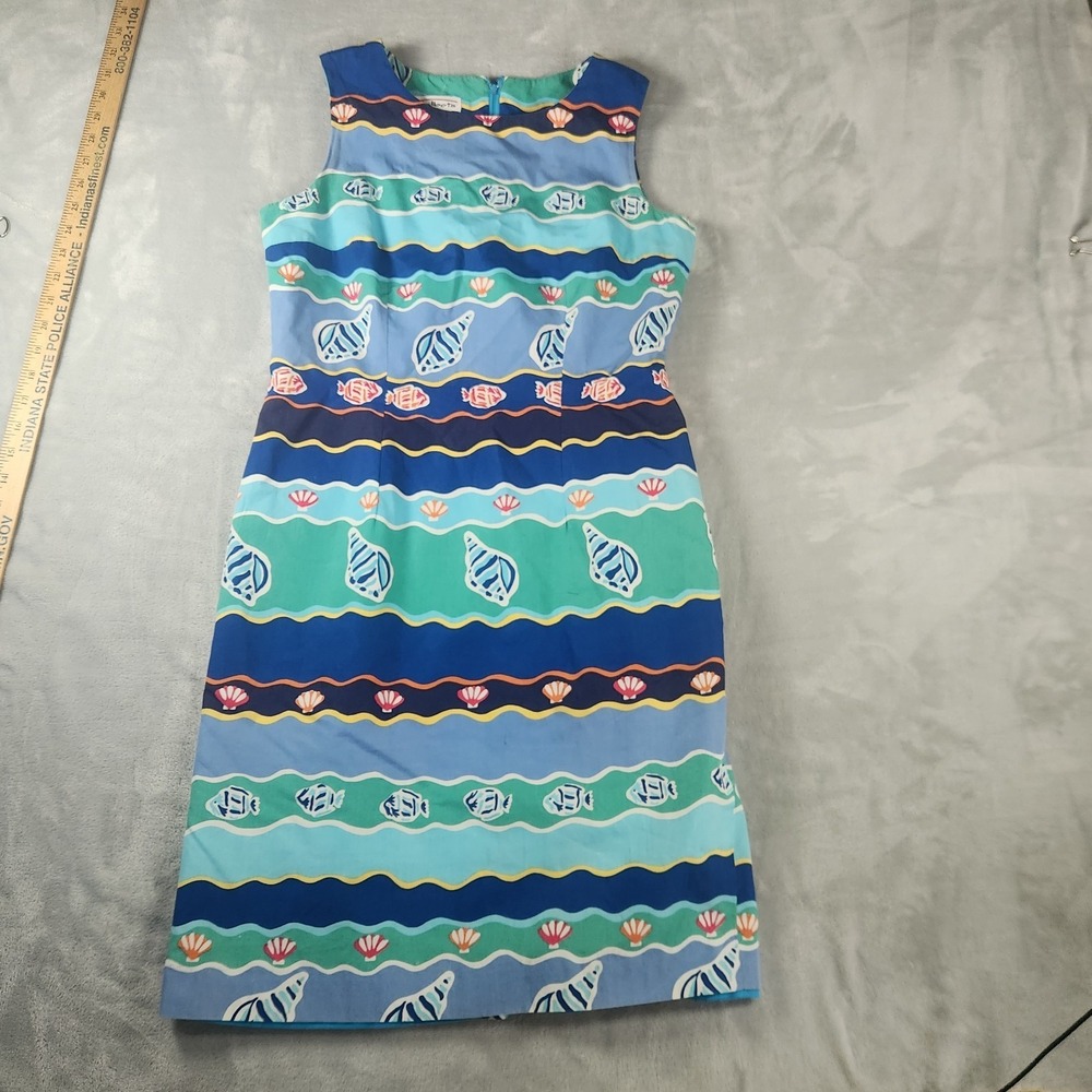 Vintage Talbots Blue Striped Seashell Sleeveless Shift Dress L Nautical Preppy